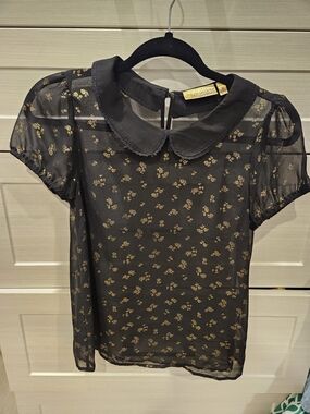 Vera Wang Black Sheer Top with Gold Floral Print and Peter Pan Collar